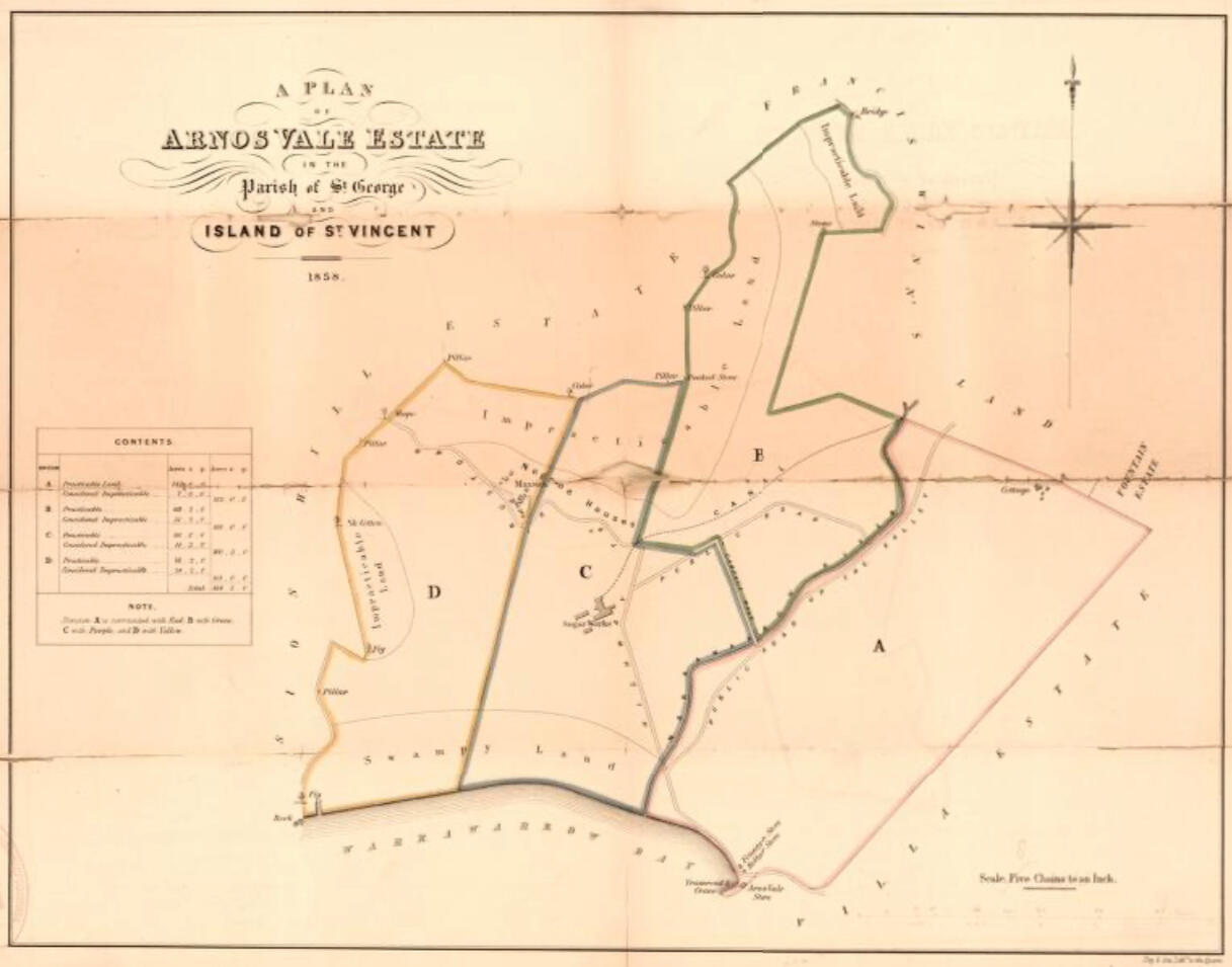 A plan of Arnos Vale Estate in the Parish of St. George and Island of St. Vincent, 1858. Library of Congress. https://lccn.loc. A plan of Arnos Vale Estate in the Parish of St. George and Island of St. Vincent, 1858