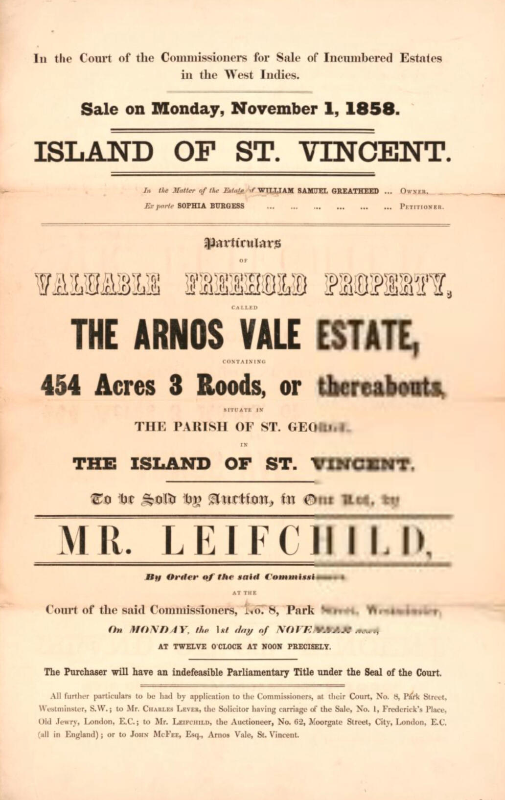 The sale by Auction of Arnos Vale Estate in the Parish of St. George and Island of St. Vincent, 1858. Library of Congress. https The auction particulars of Arnos Vale Estate in the Parish of St. George and Island of St. Vincent, 1858